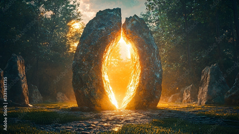 Poster a magical gateway appearing in the middle of an ancient stone circle, light spilling through the cra