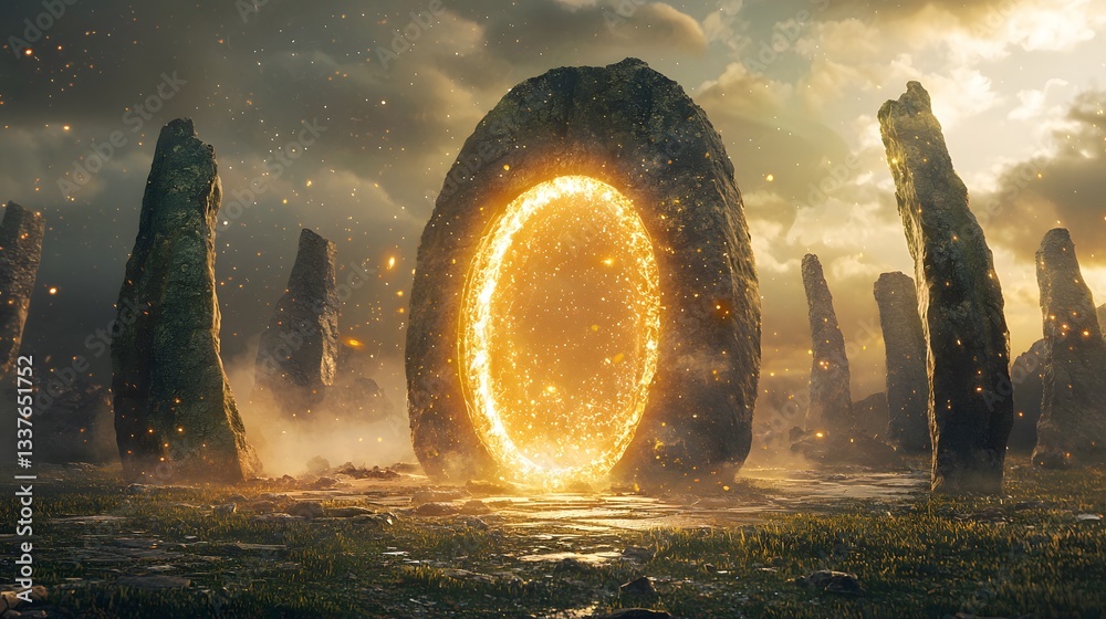 Poster a magical gateway appearing in the middle of an ancient stone circle, light spilling through the cra