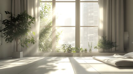 Fototapeta premium Cozy Bedroom with Sunlight Streaming Through Window / 窓から太陽の光が差し込む居心地の良い寝室