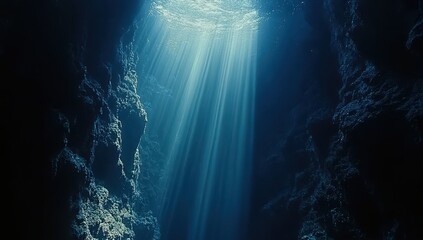Obraz premium Sunlight filtering through oceanic cave waters creating a serene, mystical atmosphere.