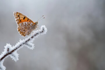 Obraz premium Butterfly resting on a frosted branch in a wintry setting.