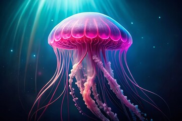 Naklejka premium Glowing Pink Jellyfish Underwater, Ocean Life Stock Photo, Bioluminescent Sea Creature PNG