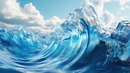Surreal Ocean Wave: Liquid Crystal Shimmering Splendor Under Azure Skies