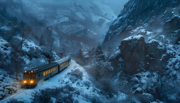 A lone train traveling through a snowy mountain pass, its lights glowing warmly in the cold landscape, cinematic nostalgic journey