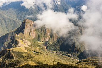Aerial view of Machu Picchu ruins and Urubamba river valley from Machu Picchu mountain, Peru