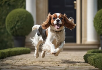  cavalier king charles spaniel running happy on the green grass of a luxury garden of a mansion, doggy playing outdoors near the flowers