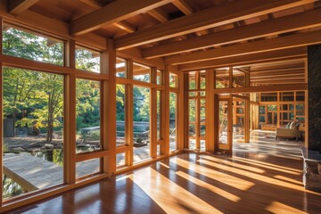 Fototapeta premium Spacious wooden interior with large windows and natural light.
