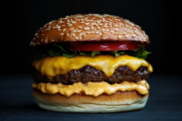 Sizzling burger delight gourmet kitchen food photography modern setting close-up culinary indulgence