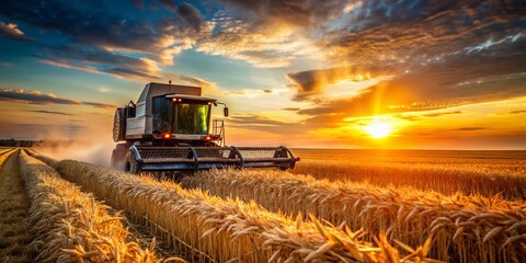 Fototapeta premium Golden Harvest: Combine Harvester in Wheat Field at Sunset