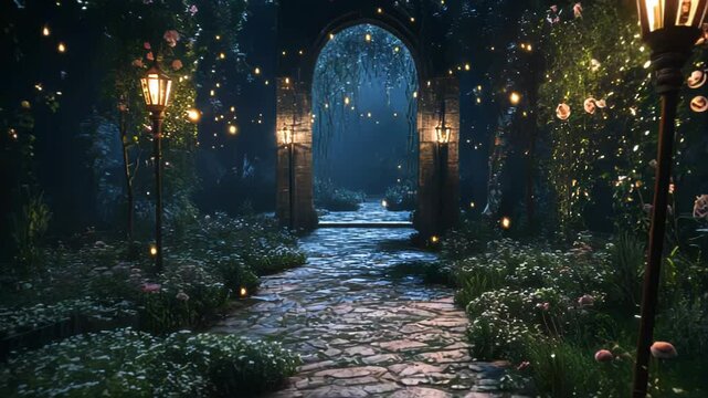 Enchanted garden archway at night