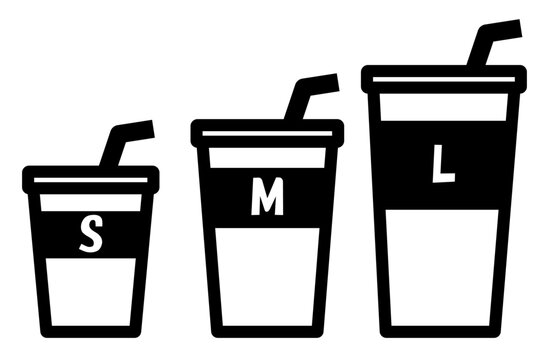 SMLのドリンクカップのシンプルなモノクロのアイコン