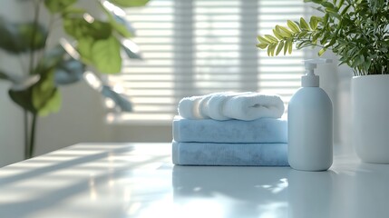 White laundry detergent bottle and blue towels on a light background, with a banner that has a copy space area for text or design. 