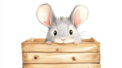 Fototapeta premium A cute gray mouse peeks out from a wooden box, showcasing its large ears and inquisitive expression.