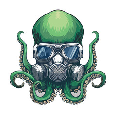 Dark, moody, vintage engraving-style octopus sticker, wearing a gas mask © Erkan