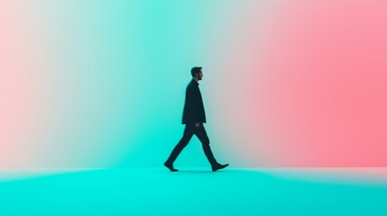 Obraz premium Human Figure and Movement concept. Silhouette of a man walking against a colorful gradient background.