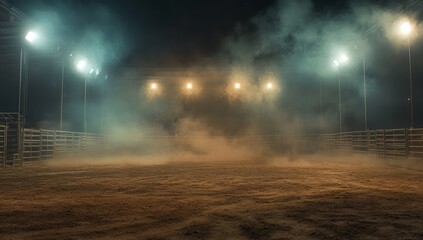 Dusty rodeo arena at night.  Foggy, illuminated by spotlights