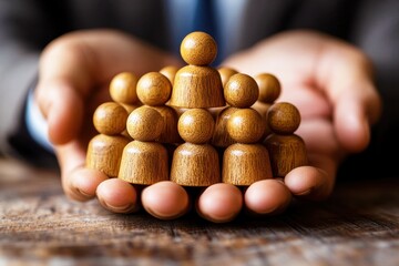 Wooden figurines representing teamwork and collaboration held in hands symbolizing unity, support, and professional relationships in a business environment