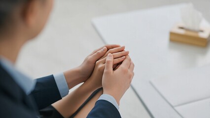 Supportive hand-holding during a counseling session for comfort and empathy.