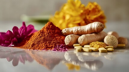 Turmeric roots and powder with herbal capsules and flowers / ターメリックの根と粉末、ハーブカプセル、花のナチュラルセット