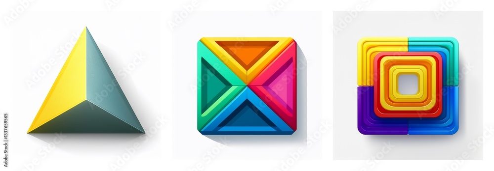 Aufkleber three colorful geometric shapes are displayed: a triangle, a segmented square, and nested squares. e