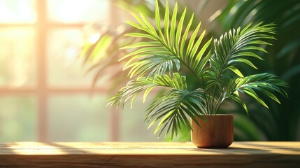 Fototapeta premium Sunlit palm plant in wooden pot on windowsill.