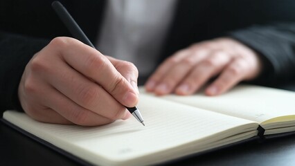 Hand with pen writing notes in open notebook on a dark desk, close-up.