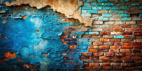 Obraz premium Grunge Blue Brick Wall Texture: Faded Paint Surreal Background Stock Photo