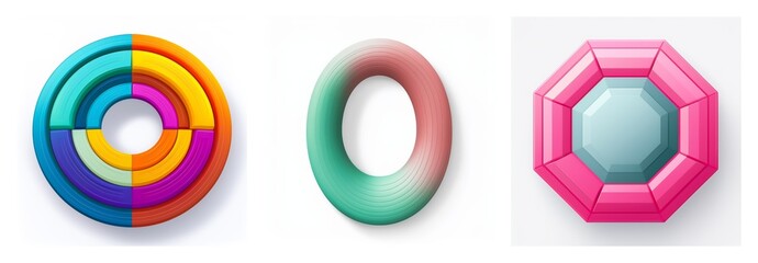 Three glossy shapes are displayed: a segmented colorful circle, a smooth gradient ring, and a faceted pink octagon, all on a white backdrop.