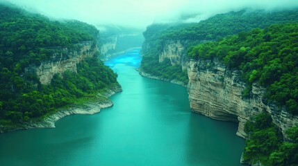 Spectacular View of Serene River Flowing Between Majestic Cliffs in Misty Forested Canyon Landscape for Nature Enthusiasts and Travel Inspiration