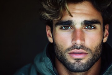 Obraz premium Close-up portrait of a young man with a beard and blue-green eyes wearing a dark jacket