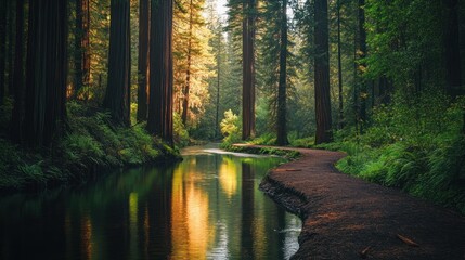 Scenic river meandering through a tranquil old-growth forest with sunlight