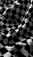 Waving black and white checkered flag symbolizing the finish line in racing.