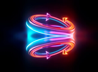 Vibrant neon circle with arrows, glowing brightly in the dark.  The colors are a blend of blue, orange and pink, creating a dynamic, circular motion. Reflective surface enhances the effect.
