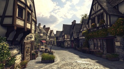 Charming medieval village scene with Tudor architecture and cobblestone street