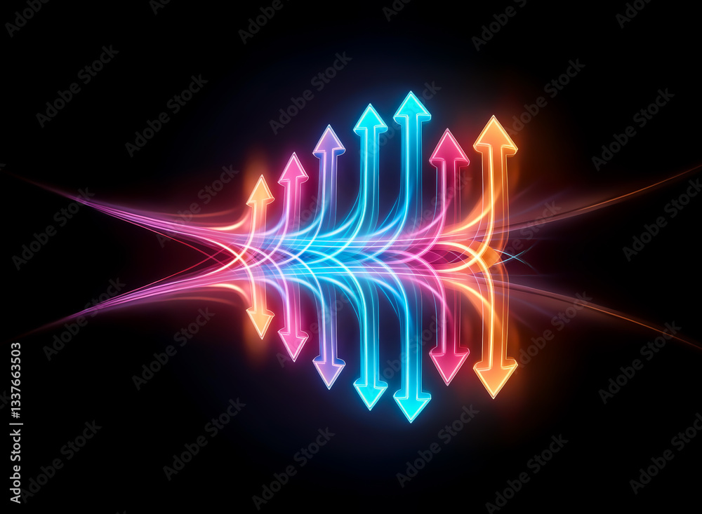 Sticker glowing neon arrows ascend in a dynamic upward trajectory, reflecting on a dark surface, symbolizing