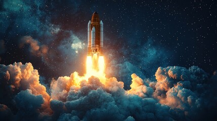 Rocket launching through clouds into space.