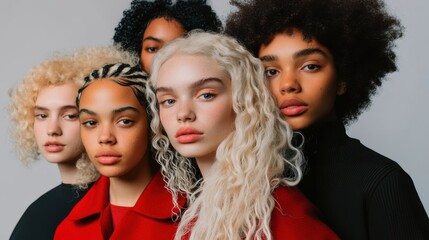 Obraz premium Five individuals with diverse hairstyles and neutral expressions standing together against a plain background