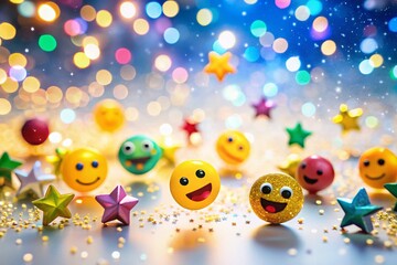 Obraz premium Happy Emojis, Stars & Geometric Shapes Bokeh Background - Festive Stock Photo