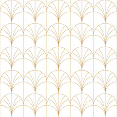 Art Deco fan seamless pattern with gold line on white background, vector repeating tile. © i_fleurs