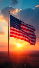 The American flag waving against a vibrant sunset sky, symbolizing patriotism and national pride.