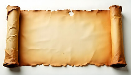 Aged parchment scroll, vintage historical document, yellowed worn paper with torn edges, rustic classic texture.