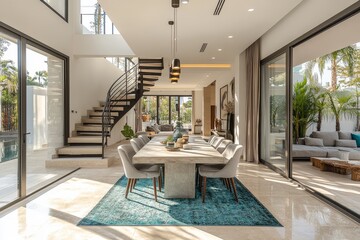 Modern dining area with concrete table, grey chairs, spiral staircase, blue-green rug, and glass sliding doors leading to outdoor terrace, captured in Marbella, Spain.