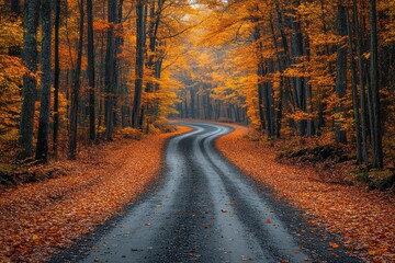 Obraz premium Autumnal forest road winds through vibrant foliage