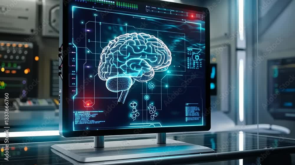 Poster visual representation of brain activity on a modern computer screen in a technology lab during dayti