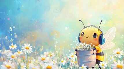 Cute Bee with Headphones Holding a Bucket of Flowers