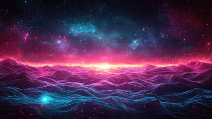 Fototapeta premium Pink and blue cosmic landscape with glowing waves and stars.