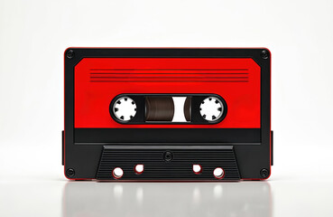 Naklejka premium Close-up of red and black analogue audio cassette. Retro tape, old portable walkman player symbolizes 1980s-90s music and entertainment. Vintage media, obsolete classic sound recording device.