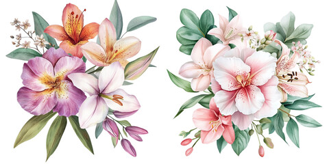 Spring Flower Watercolor Floral. Peony, Lily, Orchid Eucalyptus Leaves Botanical Illustration Isolated White Background