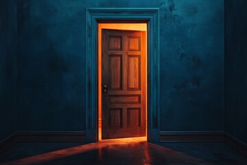 An open door revealing warm light in a dark room.  A mysterious entrance