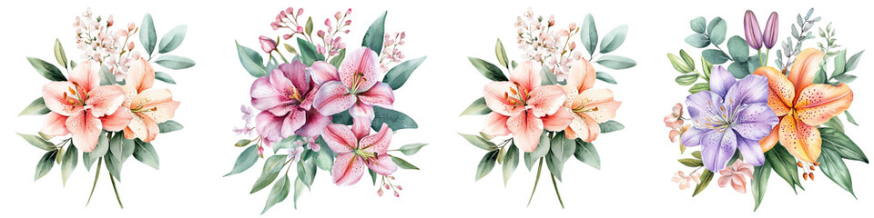 Spring Flower Watercolor Floral. Peony, Lily, Orchid Eucalyptus Leaves Botanical Illustration Isolated White Background